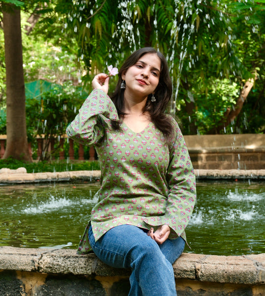 Bell sleeves floral green kurti