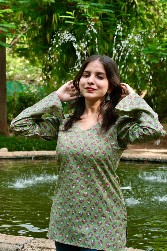 Bell sleeves floral green kurti